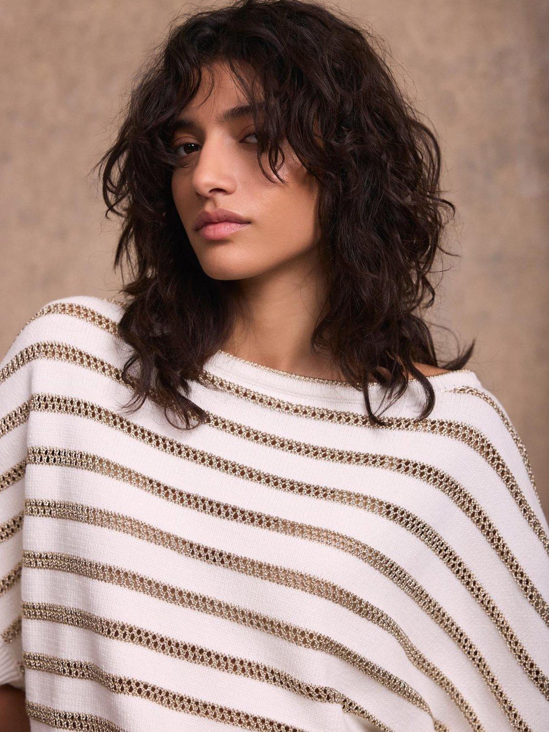 Mint Velvet Slash Neck Metallic Stripe Top, Gold