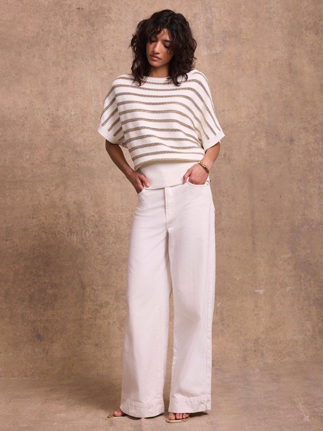 Mint Velvet Slash Neck Metallic Stripe Top, Gold