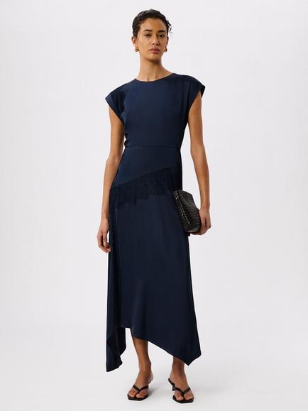 Whistles Lace Insert Asymmetric Dress containing LENZING™ ECOVERO™ Viscose, Navy