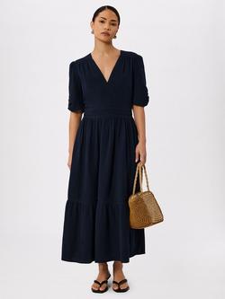 Whistles Petite V-Neck Textured Midi Dress, Navy, Navy