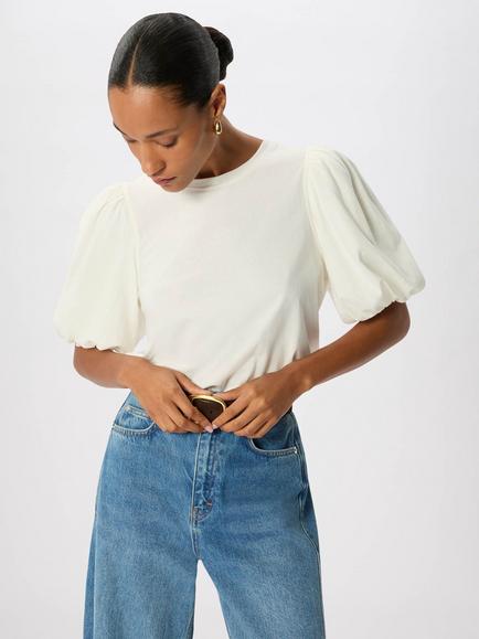 Whistles Puff Sleeve Detail Cotton T-Shirt, Ivory, Ivory