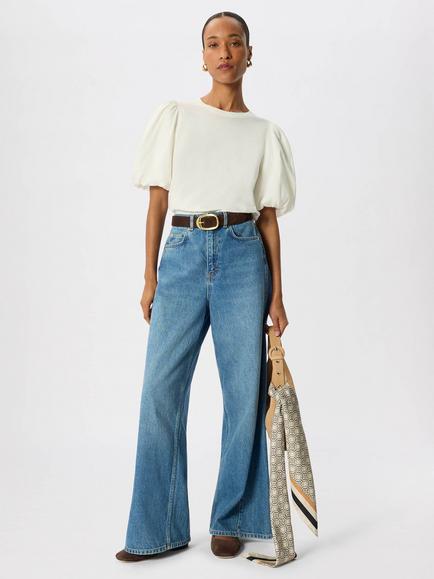 Whistles Puff Sleeve Detail Cotton T-Shirt, Ivory - view 2, Ivory