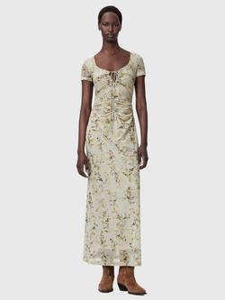 AllSaints Gabby Floral Mesh Overlay Maxi Dress, Carmel Stem Green, Carmel Stem Green