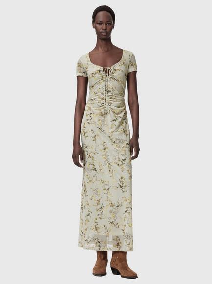 AllSaints Gabby Floral Mesh Overlay Maxi Dress, Carmel Stem Green, Carmel Stem Green