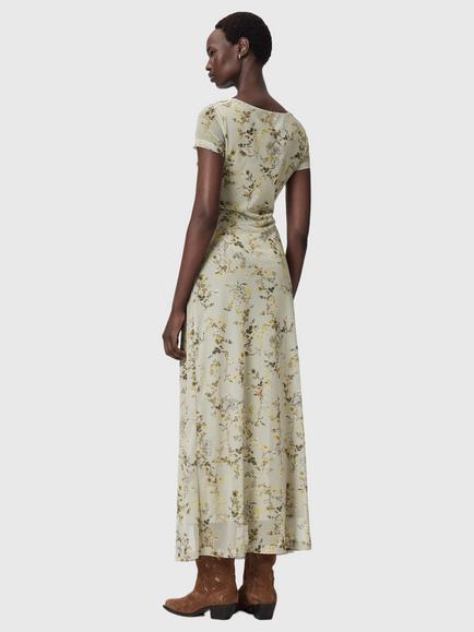 AllSaints Gabby Floral Mesh Overlay Maxi Dress, Carmel Stem Green - view 2, Carmel Stem Green