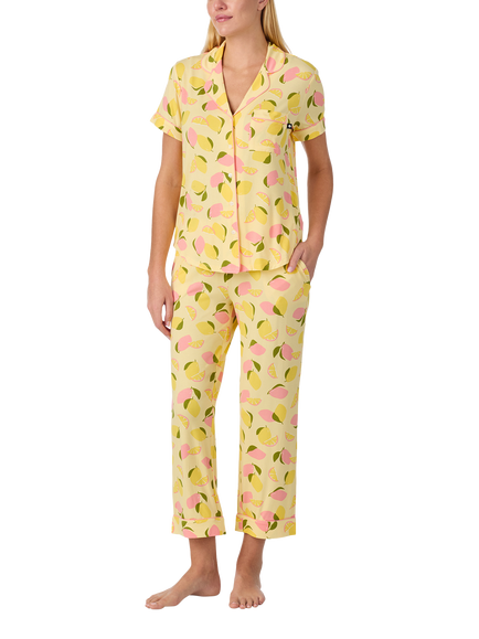 kate spade new york Lemon Party Button Down Cropped Pyjama Set, Yellow/Pink, Yellow/Pink