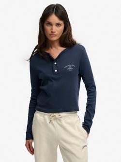 Superdry Athletic Essentials Button Down Long Sleeve Top, Lauren Navy