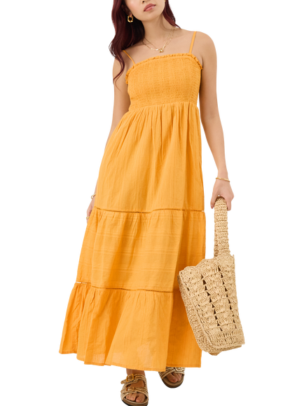 Accessorize Shimmer Smocked Midi Dress, Gold, Gold