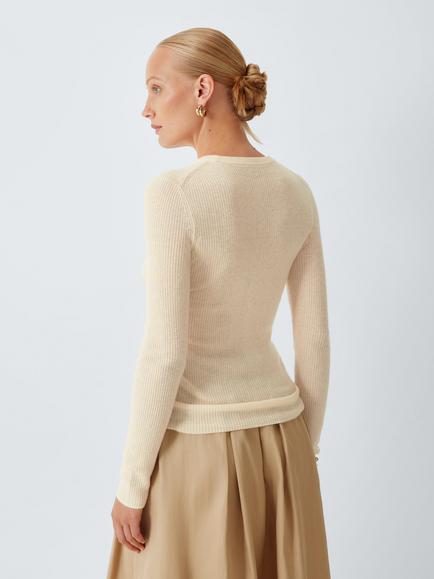 John Lewis J. Lewis Cashmere Fine Rib Knit Crew Neck Jumper, Ecru - view 2, Ecru