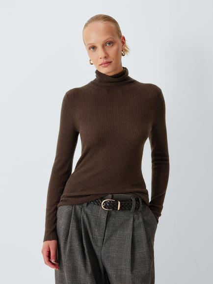 John Lewis J. Lewis Cashmere Fine Rib Knit Roll Neck Jumper, Chocolate, Chocolate