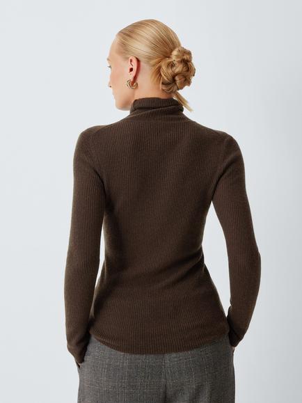 John Lewis J. Lewis Cashmere Fine Rib Knit Roll Neck Jumper, Chocolate - view 2, Chocolate
