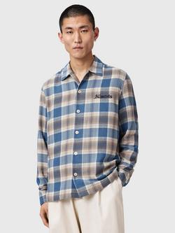 AllSaints Alta Long Sleeve Check Cotton Shirt, Mid Blue, Mid Blue