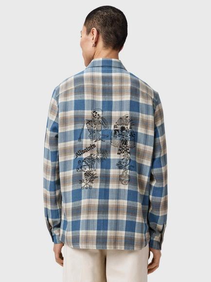 AllSaints Alta Long Sleeve Check Cotton Shirt, Mid Blue - view 2, Mid Blue