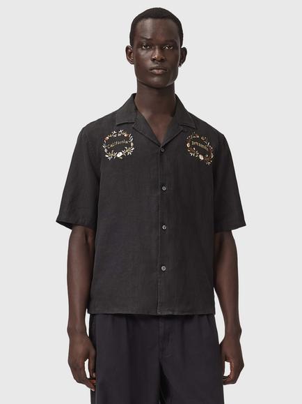 AllSaints Klavicle Button Through Short Sleeve Linen Shirt, Black, Black