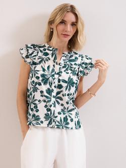 Phase Eight Rena Floral Ruffle Shirt, White/Green, White/Green