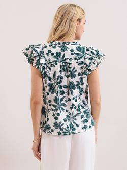 Phase Eight Rena Floral Ruffle Shirt, White/Green - view 2, White/Green