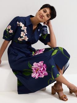 Phase Eight Petite Kerrie Floral Puff Sleeve Midi Dress, Navy, Navy