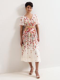 Phase Eight Petite Lovette Floral Flute Sleeve Midi Dress, Cream, Cream