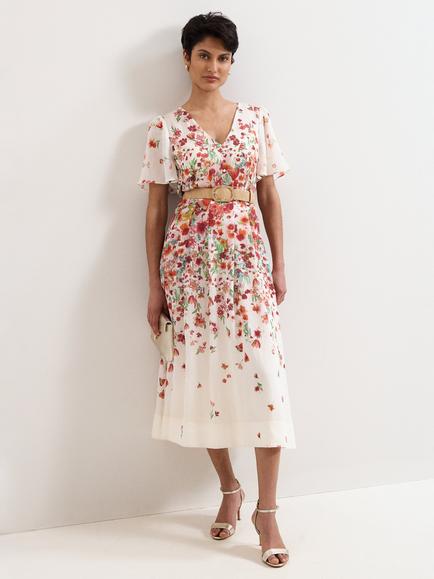 Phase Eight Petite Lovette Floral Flute Sleeve Midi Dress, Cream, Cream