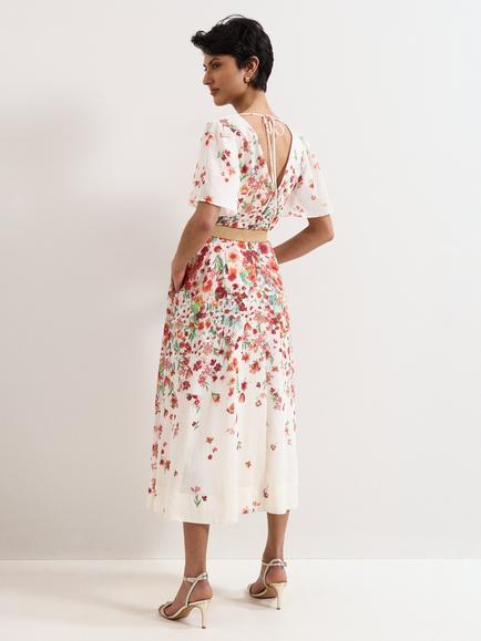 Phase Eight Petite Lovette Floral Flute Sleeve Midi Dress, Cream - view 2, Cream