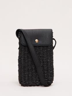 Phase Eight Straw Crossbody Phone Bag, Black, Black