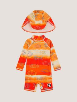 Monsoon Kids' UV Fish  Long Sleeve Swimsuit & Sun Hat, Orange, Orange