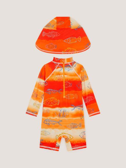Monsoon Kids' UV Fish  Long Sleeve Swimsuit & Sun Hat, Orange - view 2, Orange