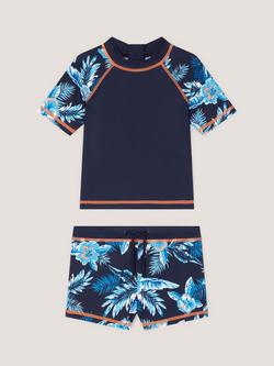 Monsoon Kids' Tropical Short Sleeve Top & Shorts Swim Set, Navy, Navy