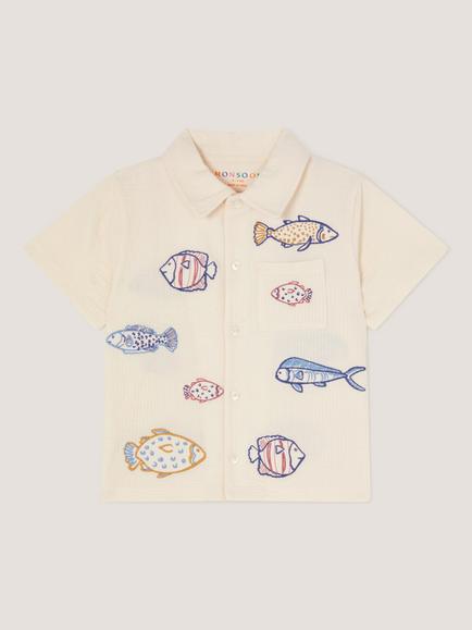Monsoon Kids' Short Sleeve Embroidered Fish Shirt, Ivory, Ivory