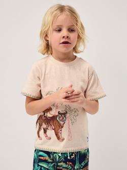 Monsoon Kids' Cotton Embroidered Tiger T-Shirt, Cream, Cream