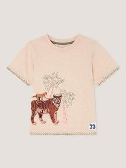 Monsoon Kids' Cotton Embroidered Tiger T-Shirt, Cream - view 2, Cream