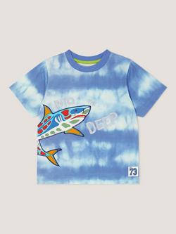 Monsoon Kids' Shark Print Tie Dye T-Shirt, Blue, Blue
