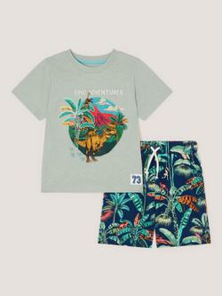 Monsoon Kids' Cotton Dinosaur T-Shirt  & Shorts Set, Green - view 2, Green