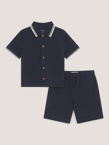 Monsoon Kids' Cotton Jersey Polo Short & Shorts Set, Navy, Navy