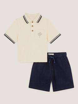 Monsoon Kids' Cotton Palm Polo Shirt & Shorts Set, Stone, Stone