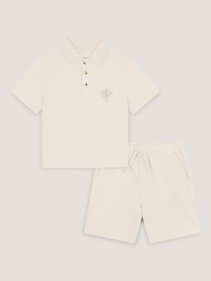 Monsoon Kids' Cotton Palm Polo Shirt & Shorts Set, Stone, Stone