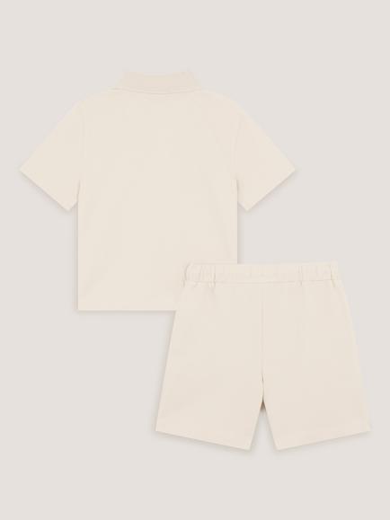Monsoon Kids' Cotton Palm Polo Shirt & Shorts Set, Stone - view 2, Stone