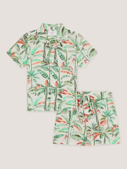 Monsoon Kids' Cotton-Linen Tropical Palm Shirt & Shorts Set, Ivory, Ivory