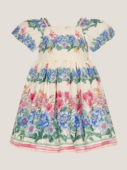 Monsoon Baby Clara Puff Sleeve Floral Dress, Ivory/Multi, Ivory/Multi