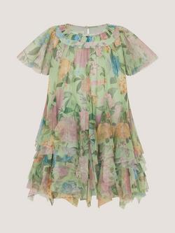 Monsoon Baby Nessa Floral Frill Party Dress, Green, Green