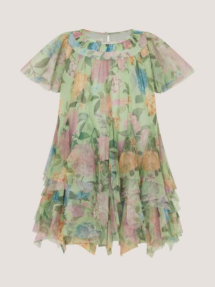 Monsoon Baby Nessa Floral Frill Party Dress, Green, Green