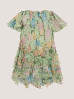Monsoon Baby Nessa Floral Frill Party Dress, Green - view 2, Green