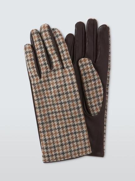 John Lewis Dogtooth Wool and Leather Gloves, Multi, Multi