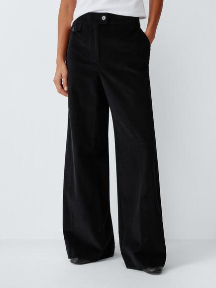 John Lewis Pure Cotton Corduroy Flap Pocket Wide Leg Trousers, Black, Black