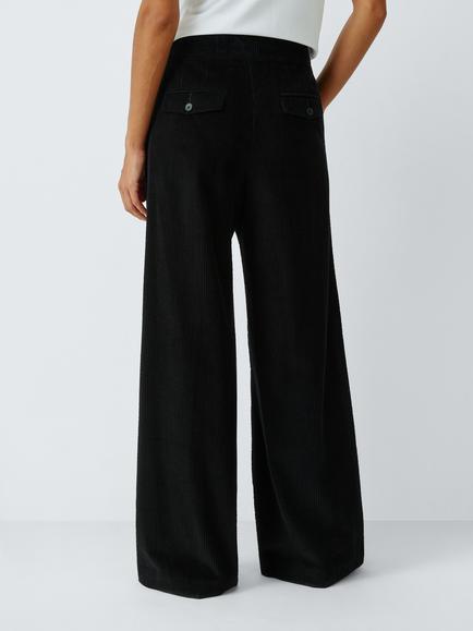 John Lewis Pure Cotton Corduroy Flap Pocket Wide Leg Trousers, Black - view 2, Black