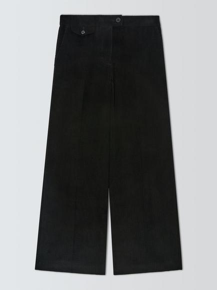 John Lewis Pure Cotton Corduroy Flap Pocket Wide Leg Trousers, Black, Black