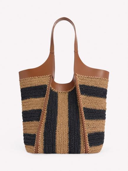 Boden Stripe Straw Tote Bag, Brown/Navy, Brown/Navy