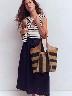 Boden Stripe Straw Tote Bag, Brown/Navy - view 2, Brown/Navy