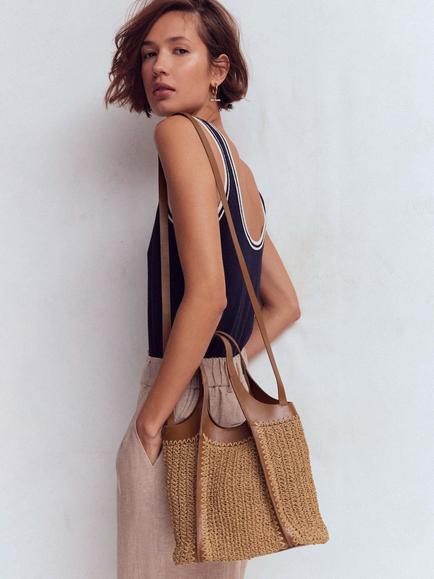 Boden Mini Straw Tote Bag, Brown Multi - view 2, Brown Multi