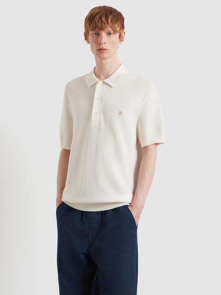Farah Cotton Loose Fit Short Sleeve Textured Polo Shirt, Ecru